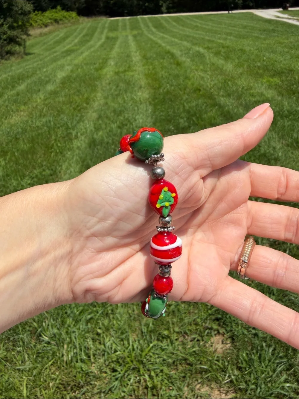 Christmas Stocking Candy Cane Tree  Jewelry Glass Beads Bracelet Stretchy